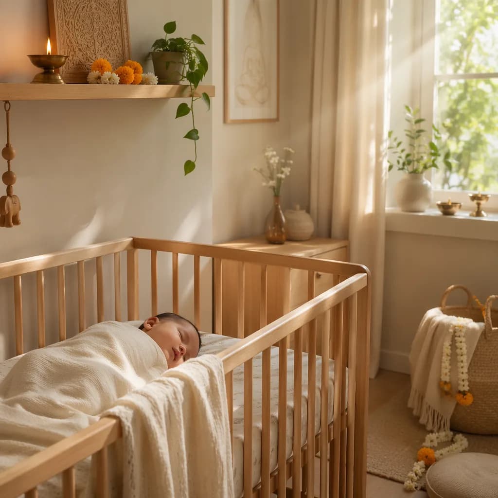 A peaceful pastel nursery with a sleeping baby and gentle morning light.