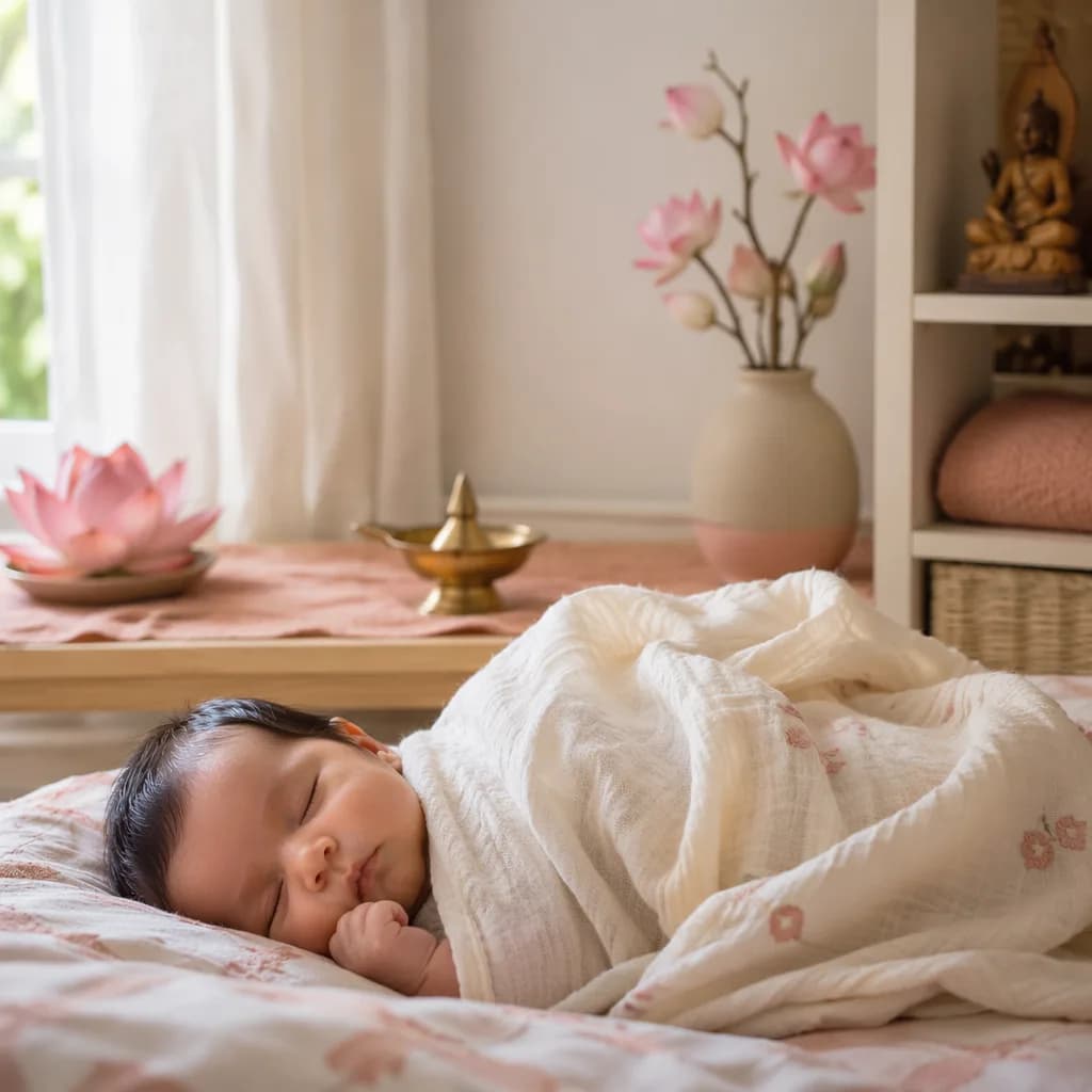 A peaceful pastel nursery with a swaddled sleeping baby and subtle Indian-inspired decor.
