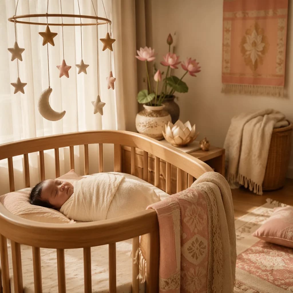 A softly lit pastel nursery with a swaddled sleeping baby, star mobile, lotus accents, and cozy woven details.