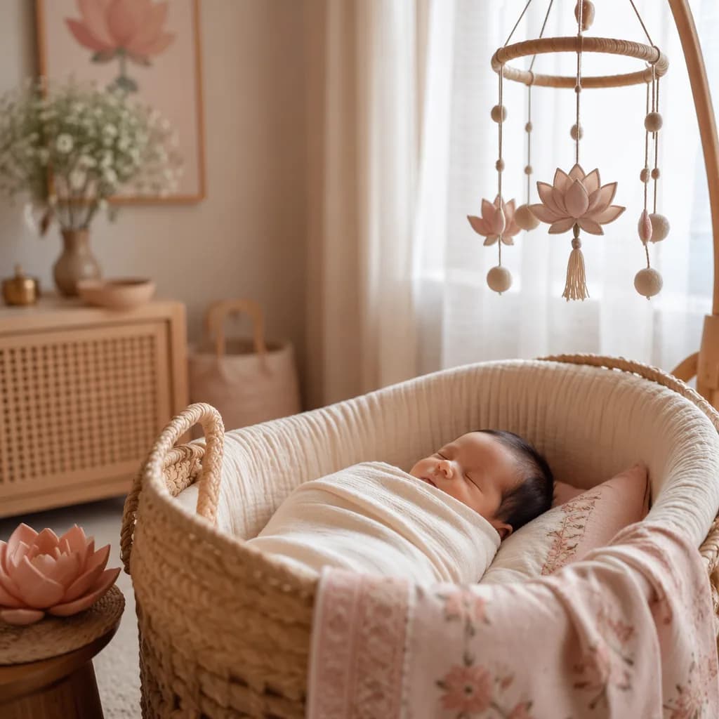 Sleeping baby in a warm pastel nursery with lotus-inspired decor.