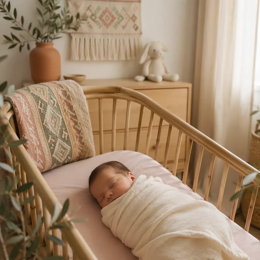 A peaceful pastel nursery with a swaddled sleeping baby and subtle Turkish-inspired details.