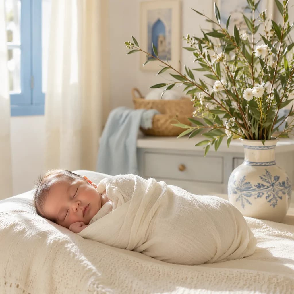 Sleeping newborn in a soft Greek-inspired nursery with myrtle blossoms.