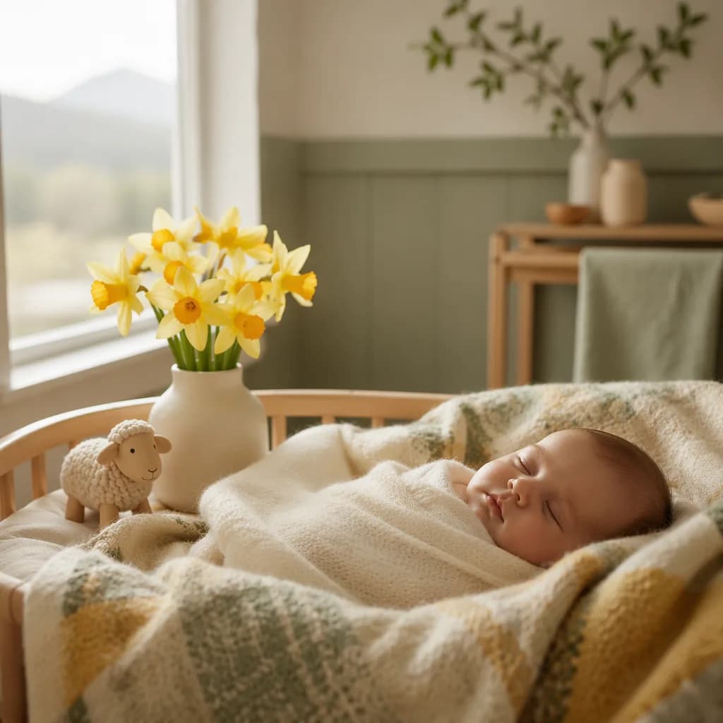 Cozy Welsh-inspired nursery with a sleeping baby, soft golden accents, daffodils, and a wooden sheep toy.