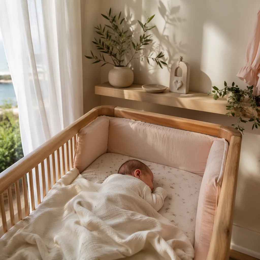 Soft pastel Portuguese nursery with a peacefully sleeping newborn, evoking life and blessing.