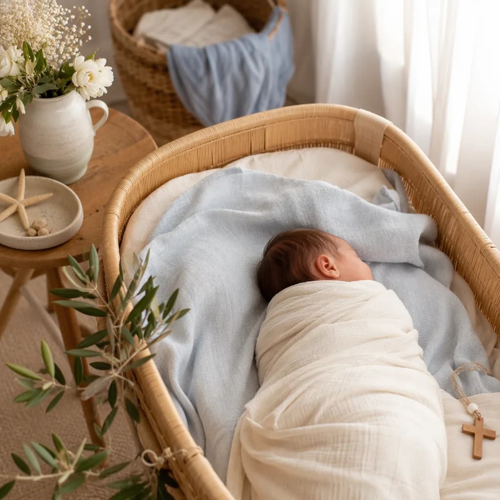 Sleeping baby in a soft Greek-inspired nursery with olive branches and pastel linens.