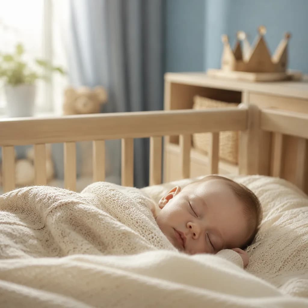 Sleeping baby in a soft pastel nursery with birch wood accents and a small wooden crown.