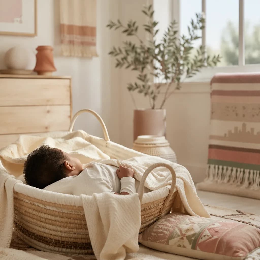 Ethiopian baby resting peacefully in a warm, softly lit nursery with woven textiles and olive branch accents.