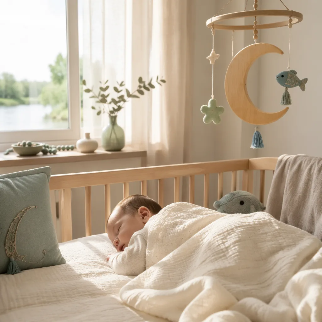 Sleeping baby in a soft pastel Turkish-inspired nursery with gentle natural light.
