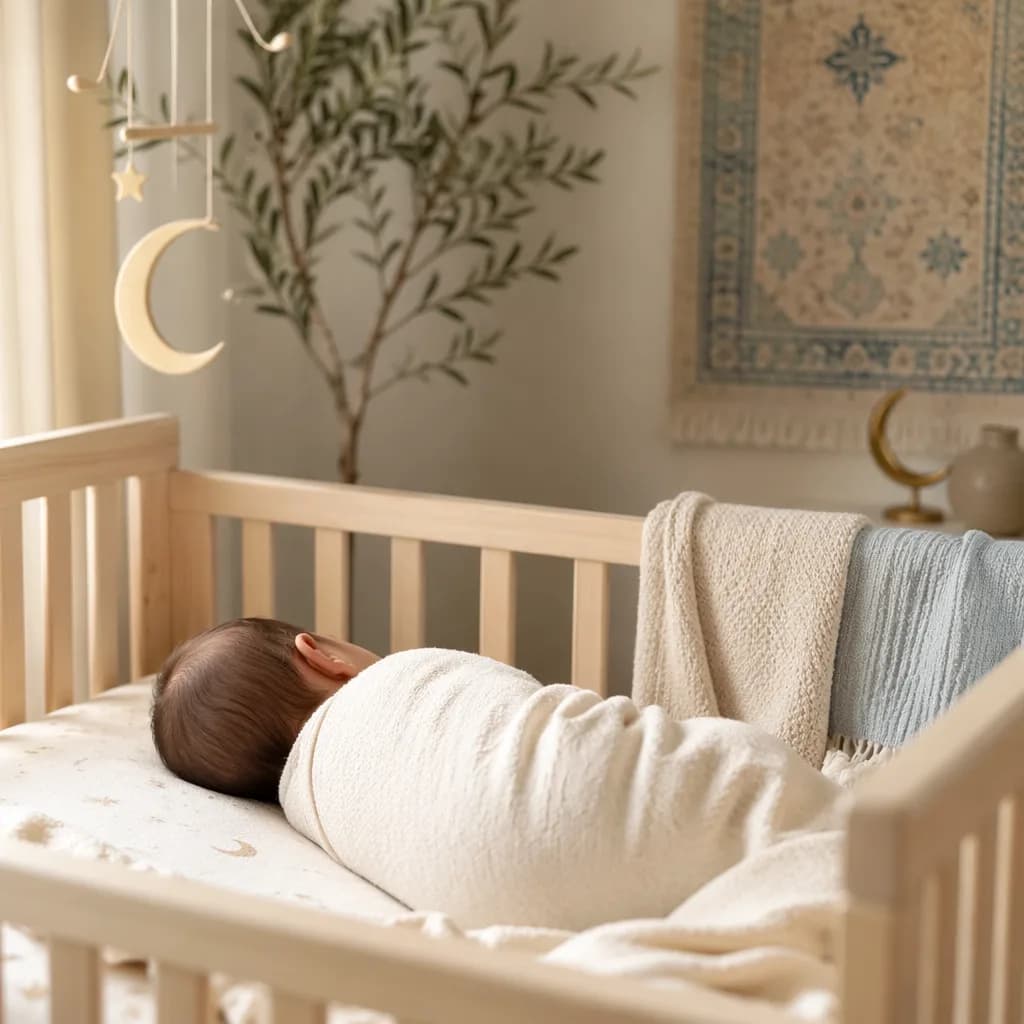 A serene pastel nursery scene with a swaddled baby, evoking the blessed meaning of Eymen.