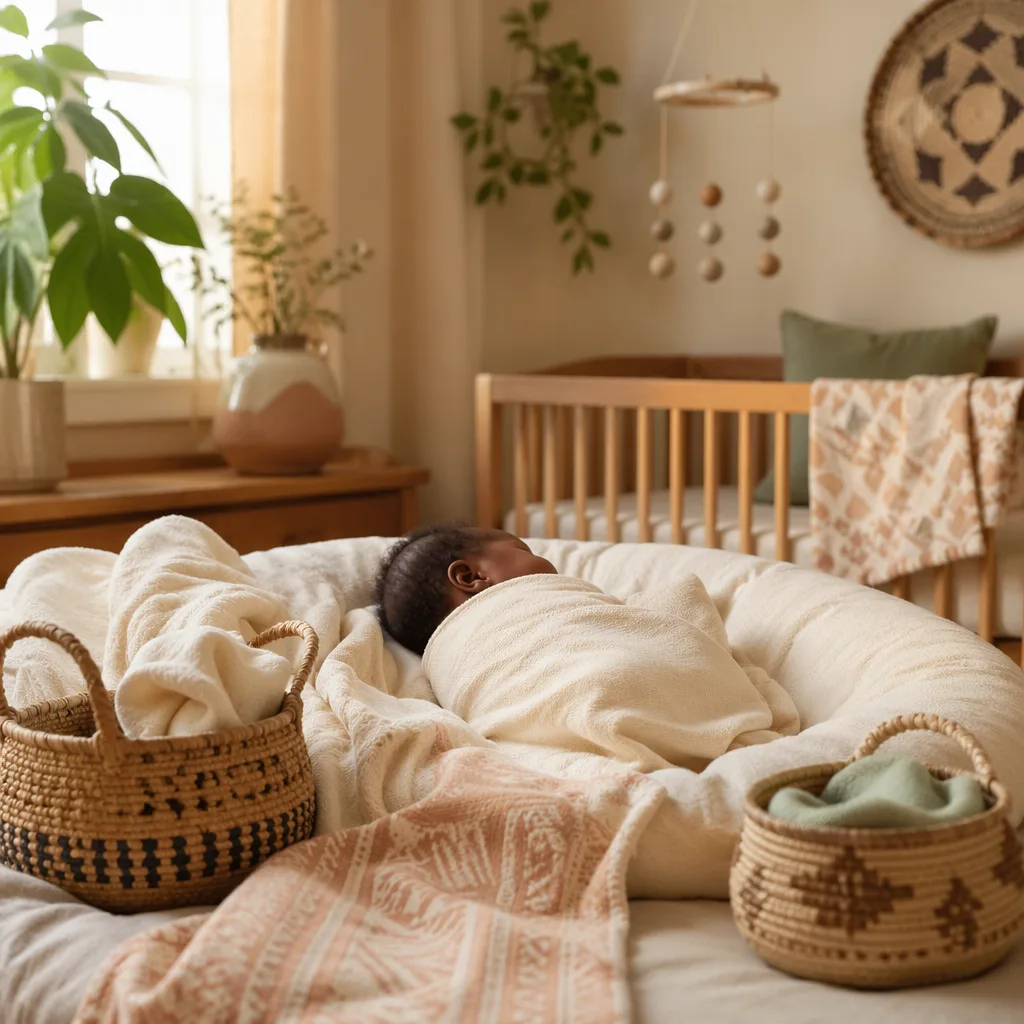 Peaceful Igbo-inspired nursery with a swaddled newborn in soft natural light.