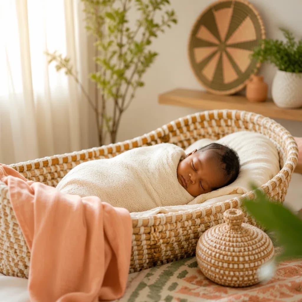 A softly lit cozy nursery with a swaddled sleeping baby and gentle woven accents.