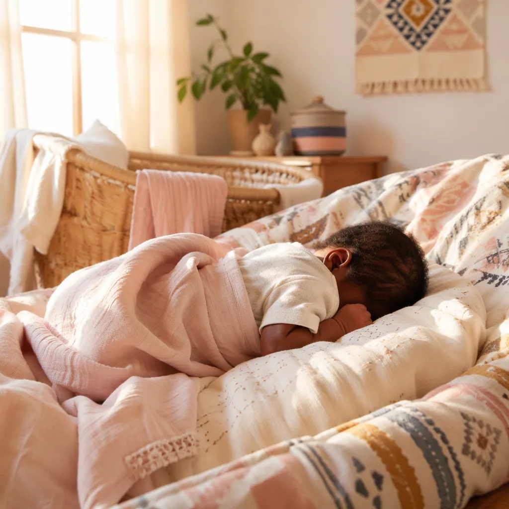 Sleeping baby in a warm pastel nursery with woven accents and soft morning light.