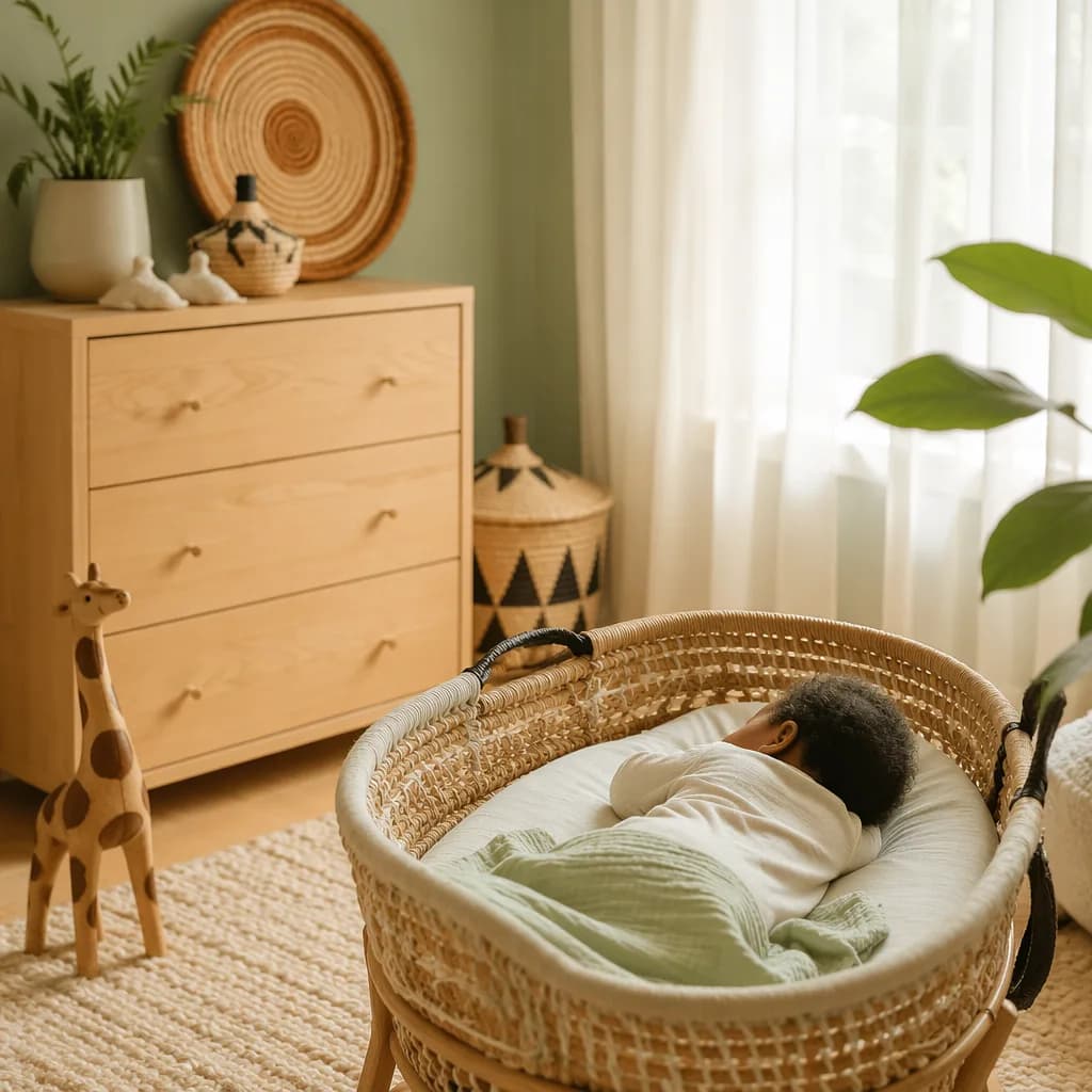 A peaceful pastel nursery with a sleeping baby in a woven bassinet and gentle Swahili-inspired decor.