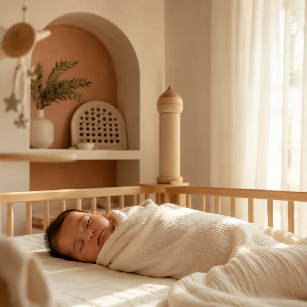 Sleeping baby in a softly lit Arabic-inspired nursery with gentle pastel decor.