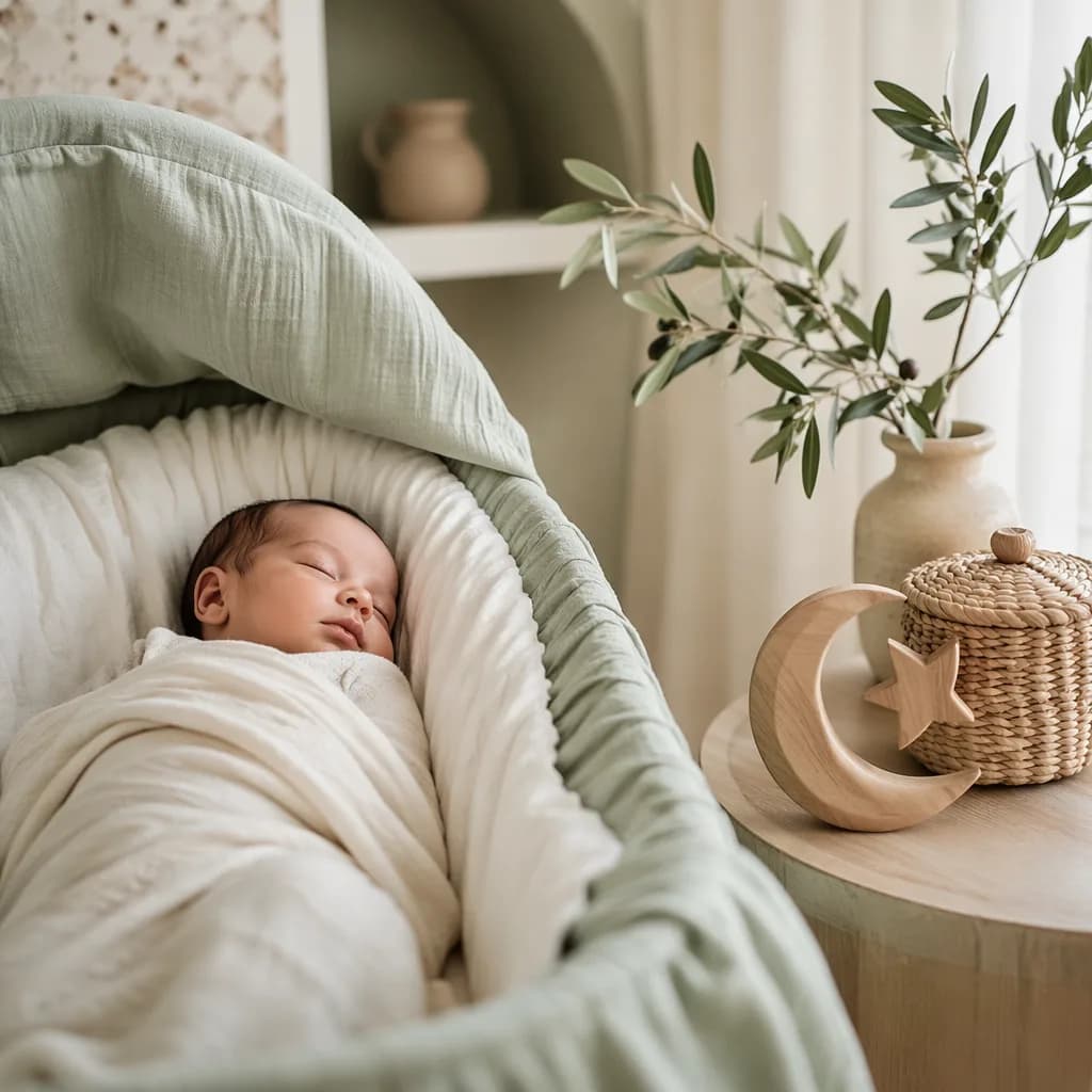 A peaceful swaddled baby in a cozy pastel nursery with gentle Arabic-inspired accents.
