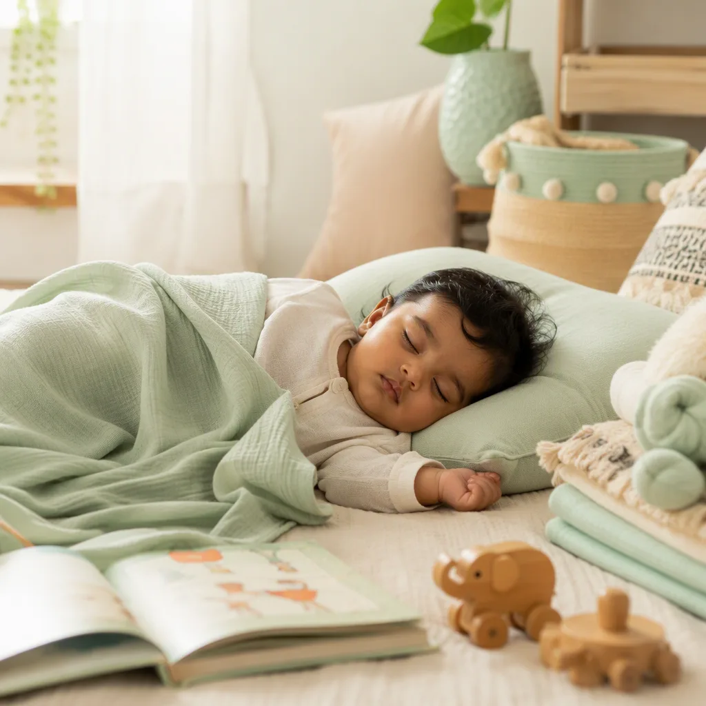 Peaceful Bengali baby napping in a soft pastel nursery with books and cozy textiles.