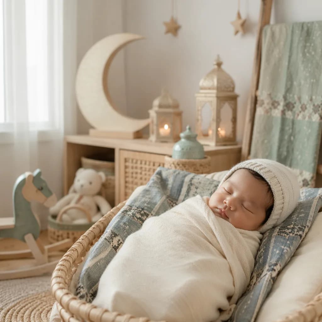 Sleeping swaddled baby in a cozy pastel nursery with subtle Ramadan-inspired decor.