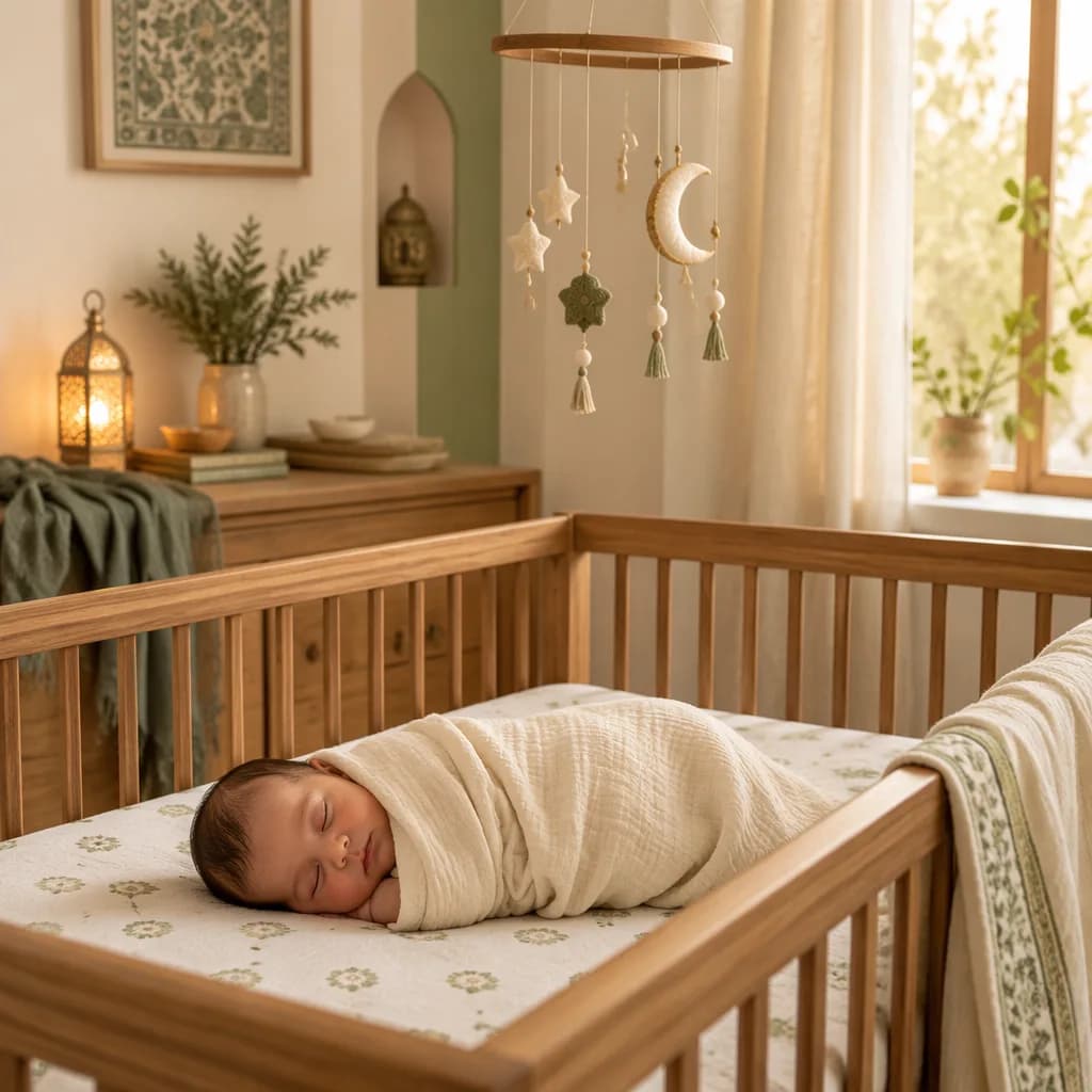 A sleeping baby in a soft pastel nursery with subtle Urdu-inspired decor.