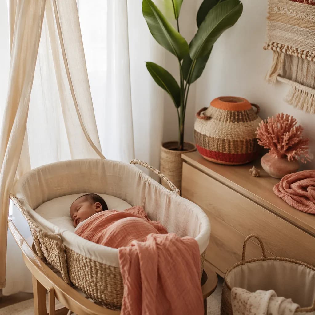 Soft pastel nursery scene with a sleeping baby and coral-inspired accents.