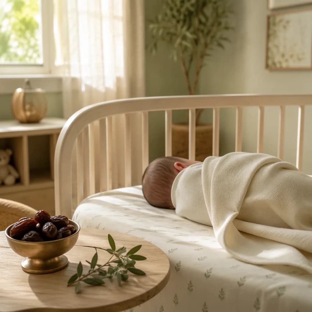 A softly lit nursery with a swaddled sleeping baby and gentle symbols of generosity and grace.