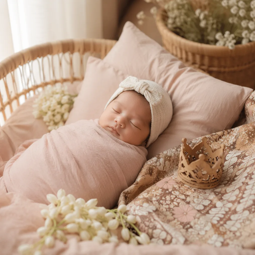 Sleeping baby in a soft Indonesian-inspired nursery with pastel fabrics, jasmine, and a small crown motif.