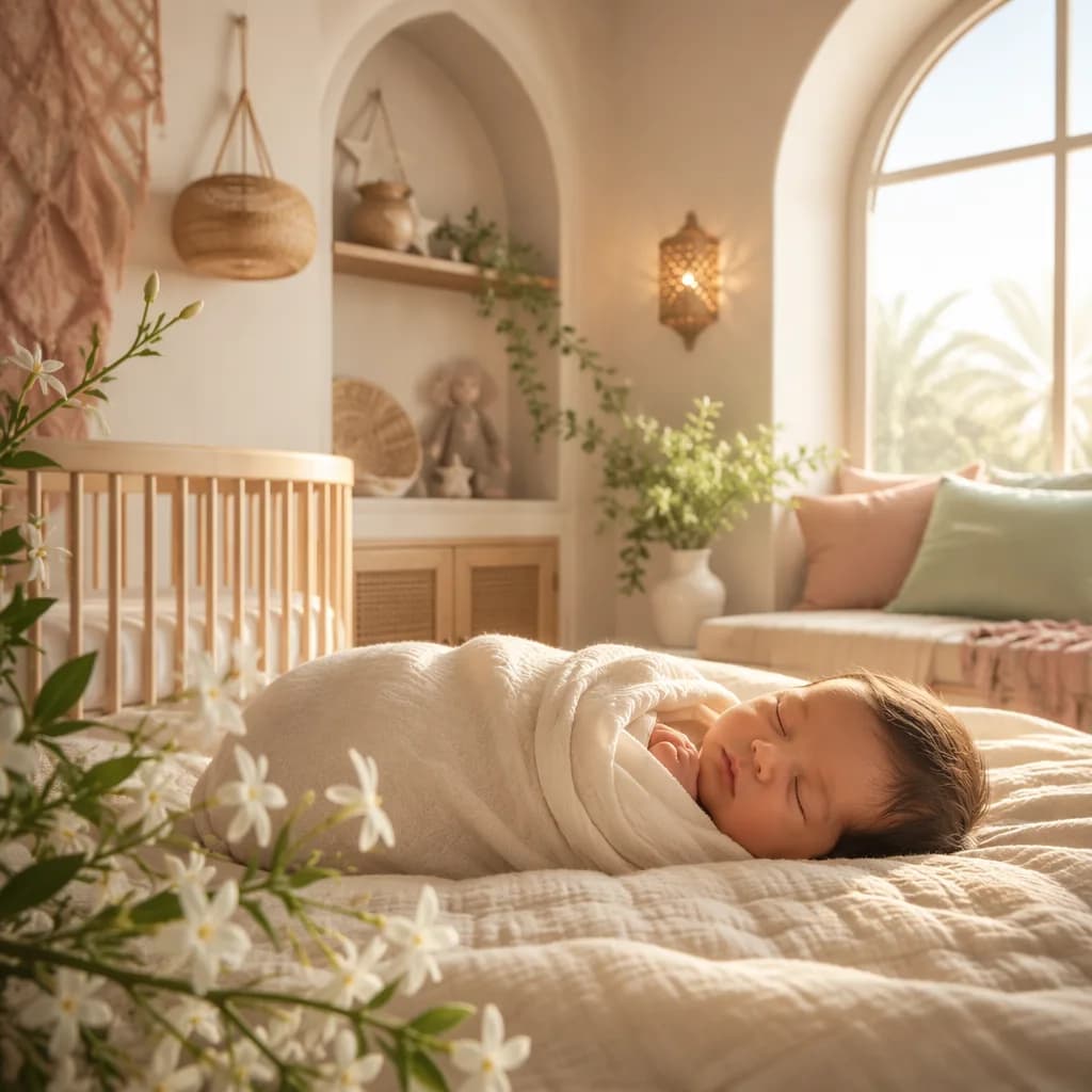 A softly lit cozy nursery with a swaddled newborn, jasmine flowers, and warm pastel details.