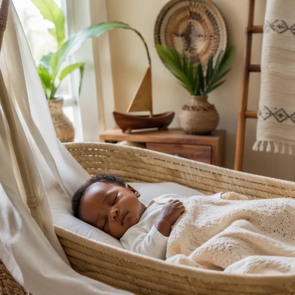 Sleeping baby in a soft pastel nursery with woven details and gentle natural light.