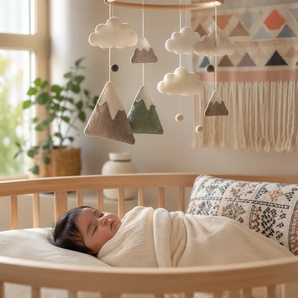 Sleeping baby in a soft pastel nursery with cloud and mountain mobile.