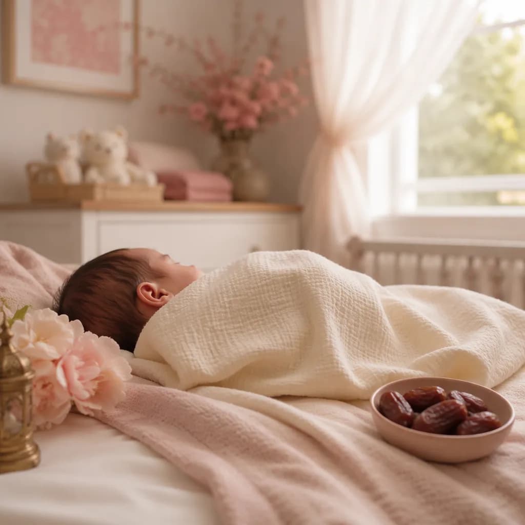 Soft pastel nursery scene with a swaddled sleeping baby, flowers, and dates.