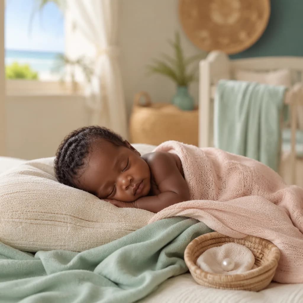Peaceful newborn in a soft pastel nursery with a pearl-inspired keepsake.