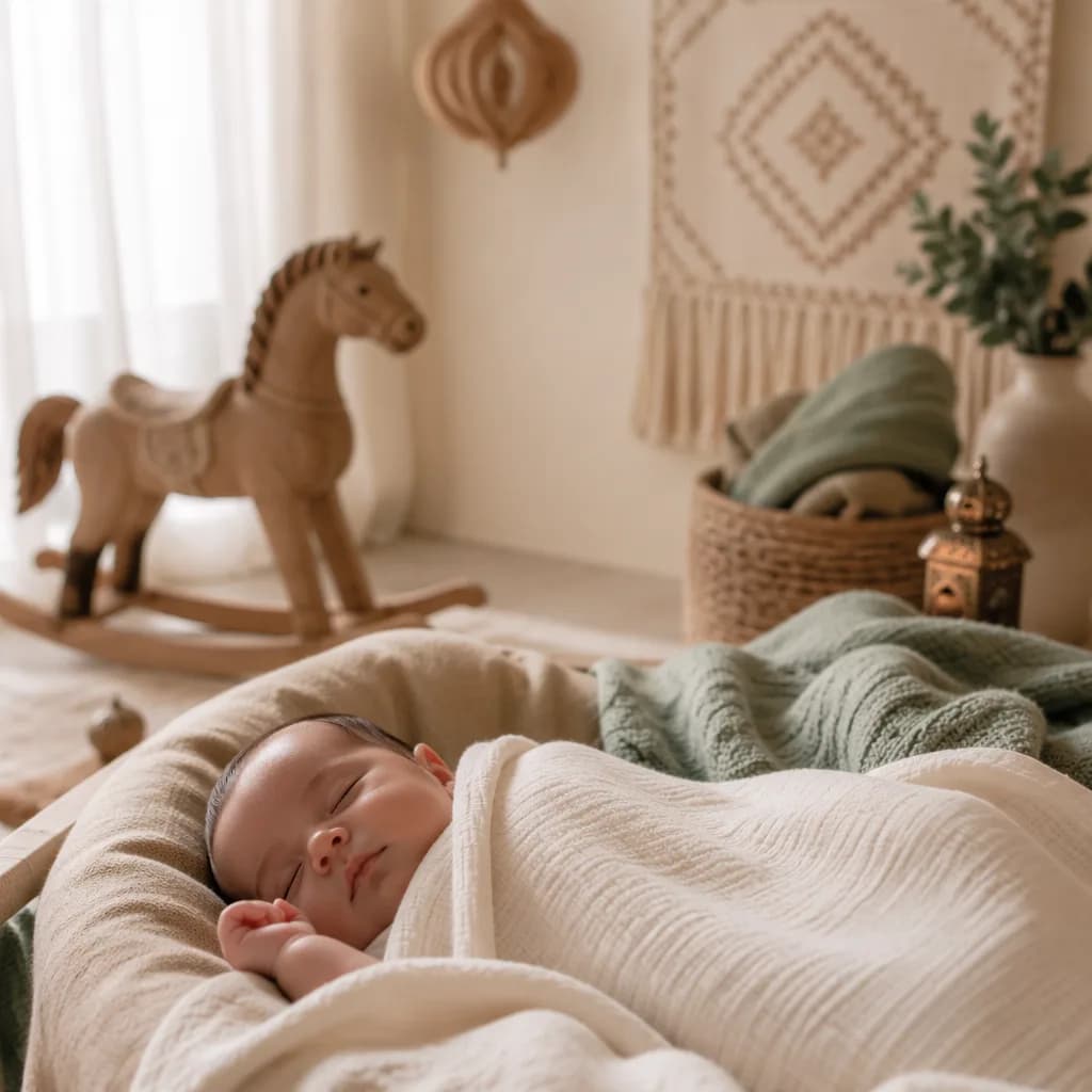 A softly lit nursery with a sleeping baby, wooden rocking horse, and gentle Arabic-inspired decor.