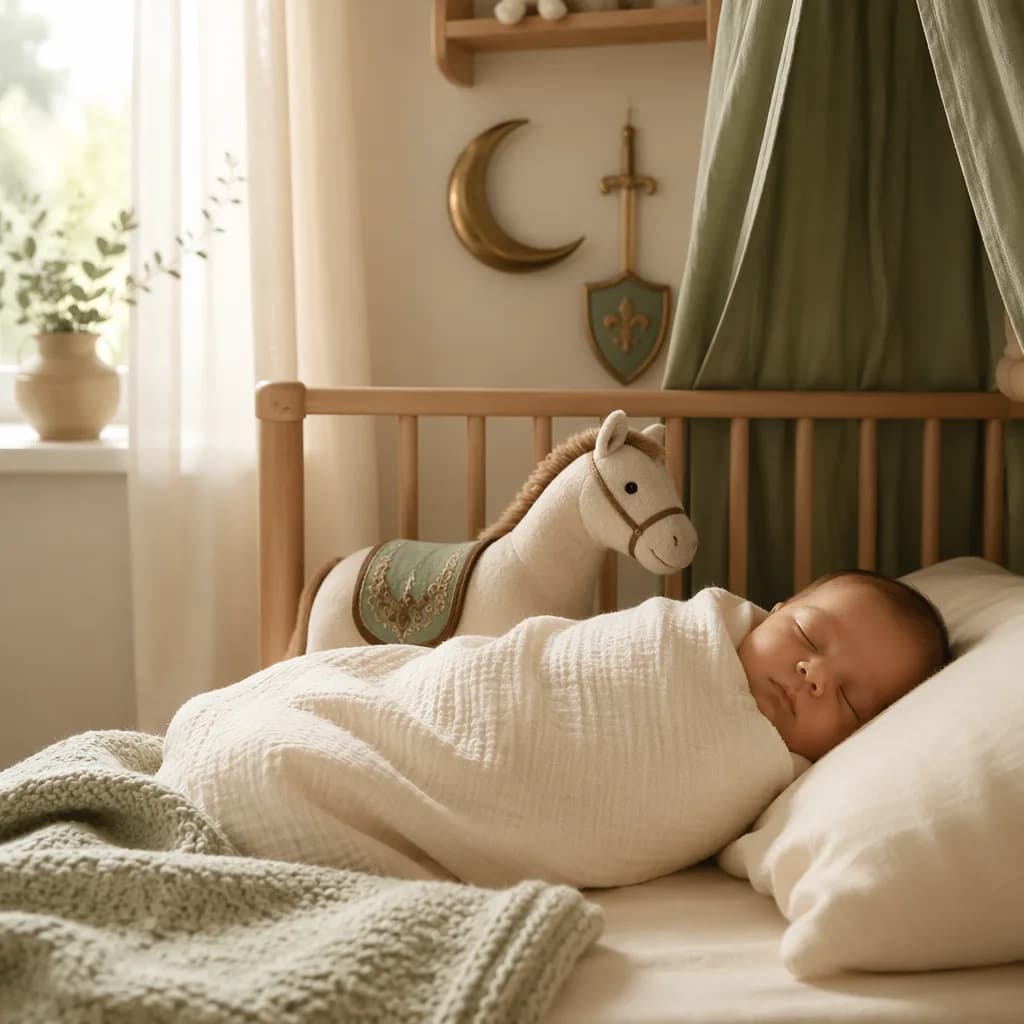 A peaceful pastel nursery with a swaddled baby and plush horse, inspired by the Arabic name Faris.