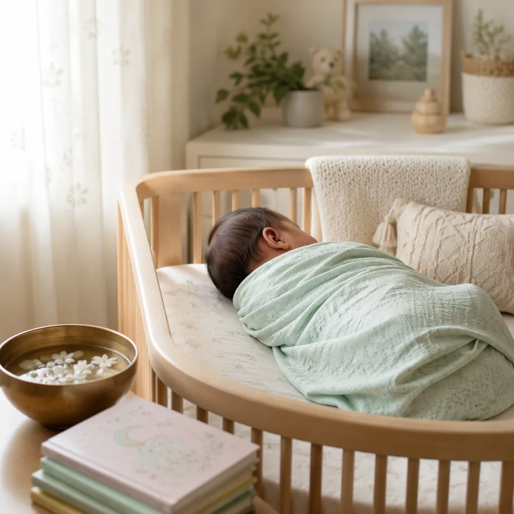 A softly lit Bengali nursery with a swaddled newborn, jasmine petals, and baby books symbolizing wisdom and a heavenly spring.