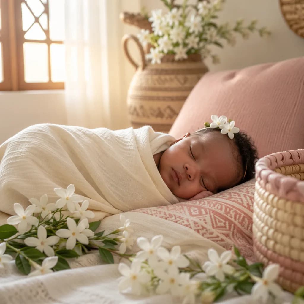Soft pastel nursery scene with a sleeping swaddled baby, jasmine flowers, and gentle East African-inspired details.