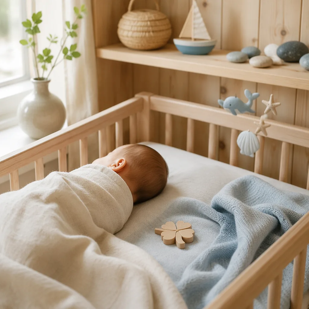 Sleeping baby in a soft Scandinavian nursery with gentle lucky and sea-inspired details.