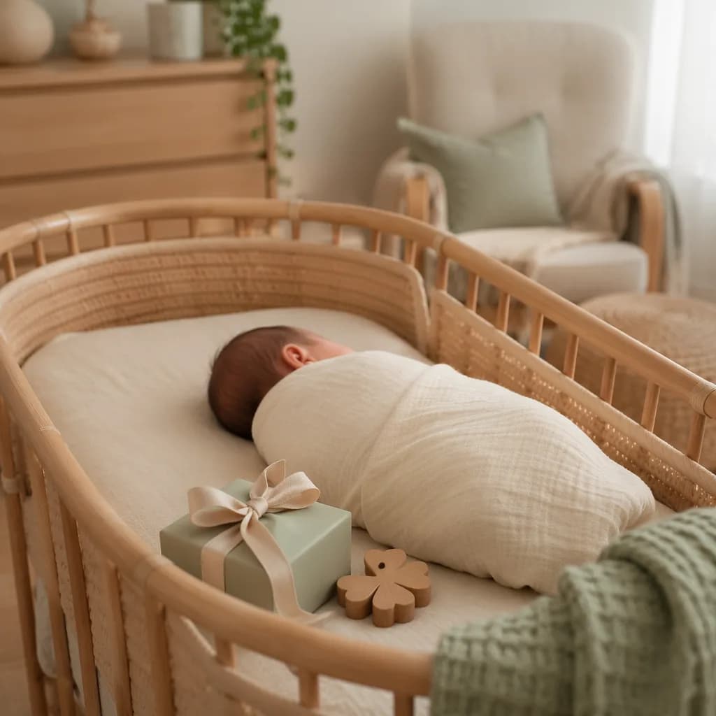 Peaceful swaddled baby in a soft pastel nursery with a small gift box and lucky charm.