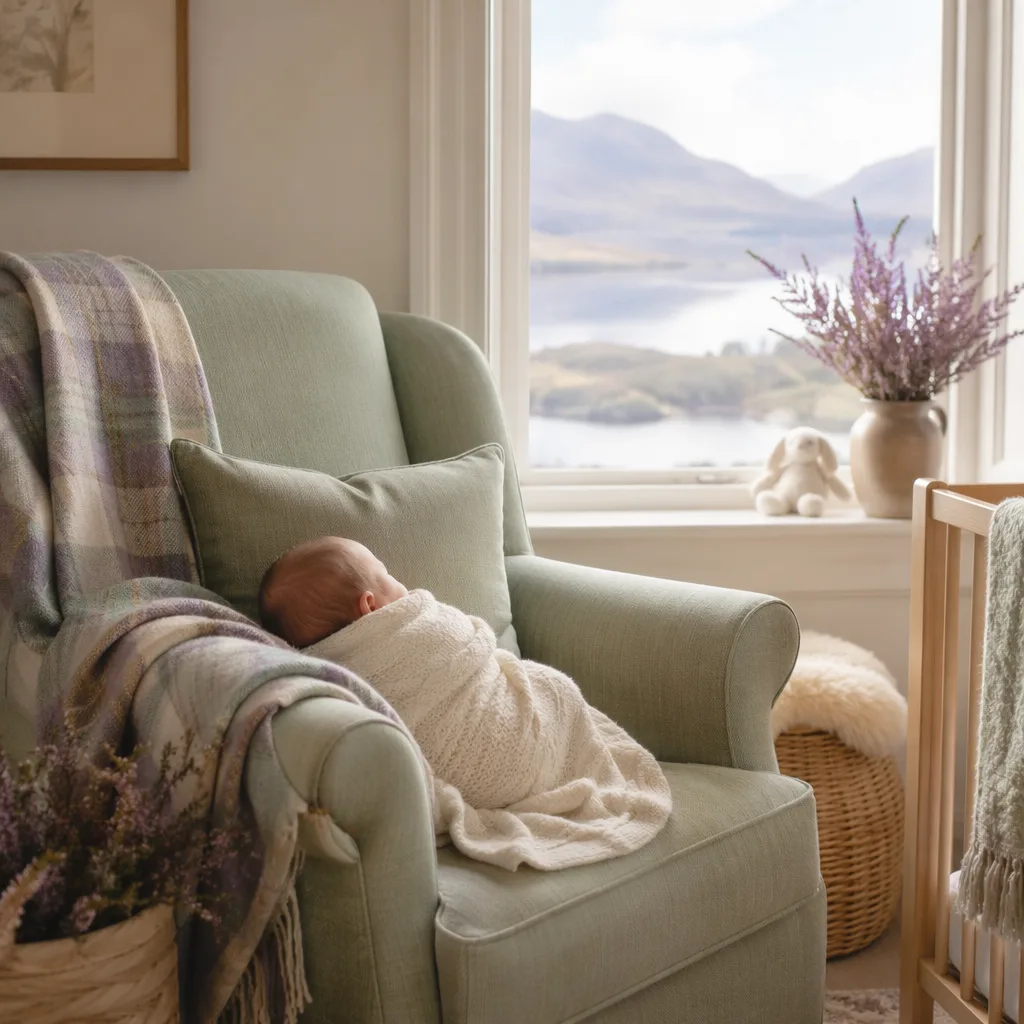 A cozy Scottish-inspired nursery with a swaddled baby, pastel tartan blanket, and heather in soft natural light.