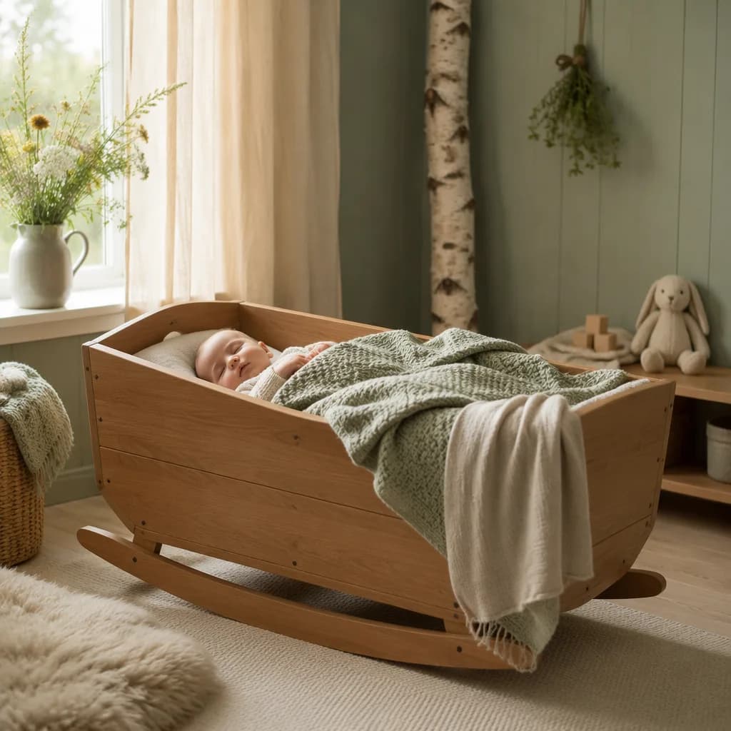 A softly lit Scandinavian-style nursery with a sleeping baby in a wooden cradle.