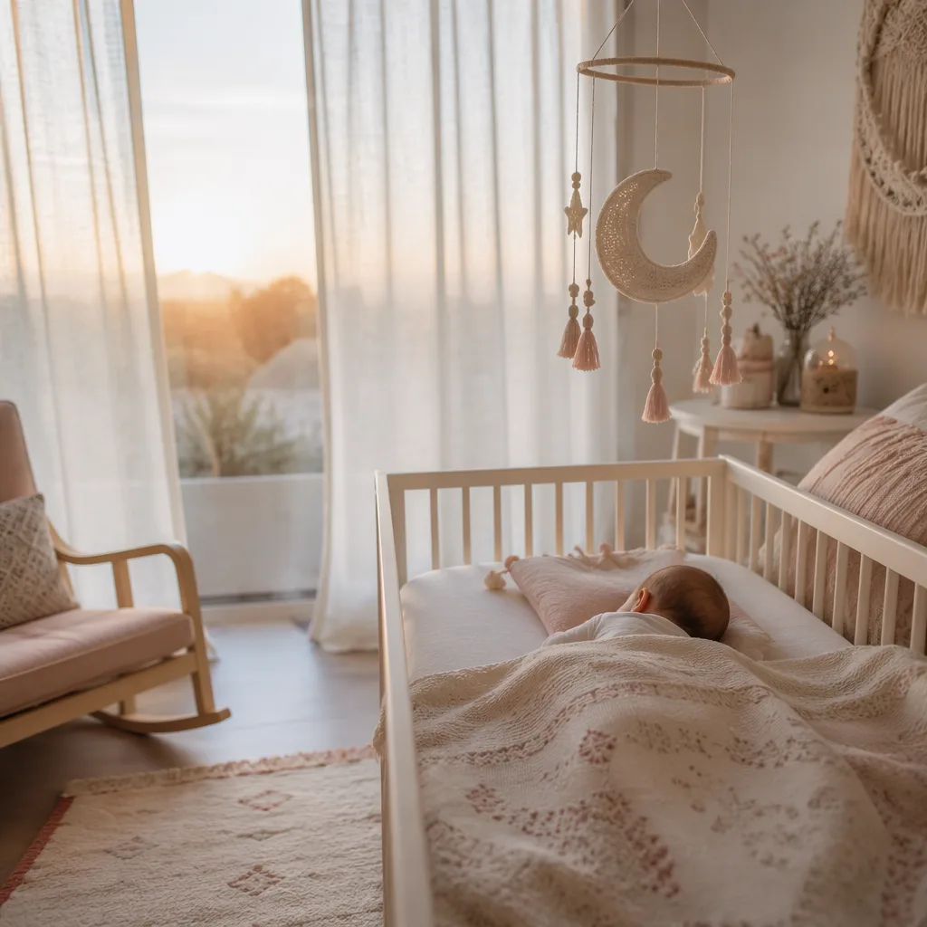 Soft pastel nursery with a sleeping baby and crescent moon mobile, evoking the Turkish name Feray.