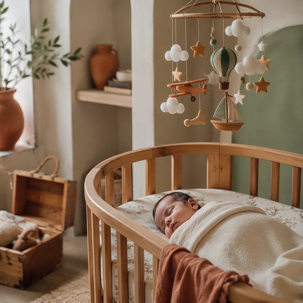 Sleeping baby in a warm Spanish-inspired pastel nursery with cedar keepsake details.