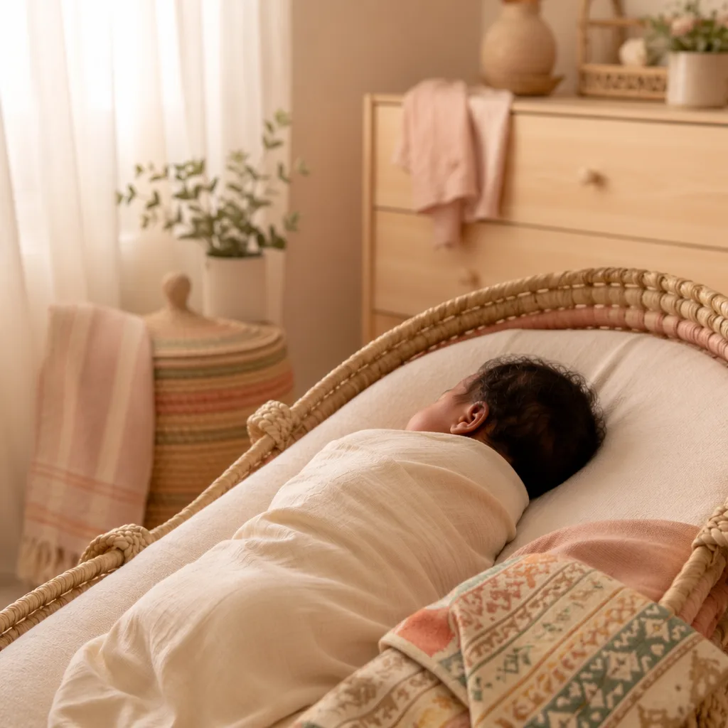 Ethiopian baby sleeping in a soft, sunlit nursery with cozy pastel textiles.