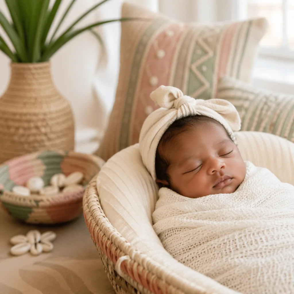 Peaceful swaddled baby in a soft Yoruba-inspired nursery with warm natural light.