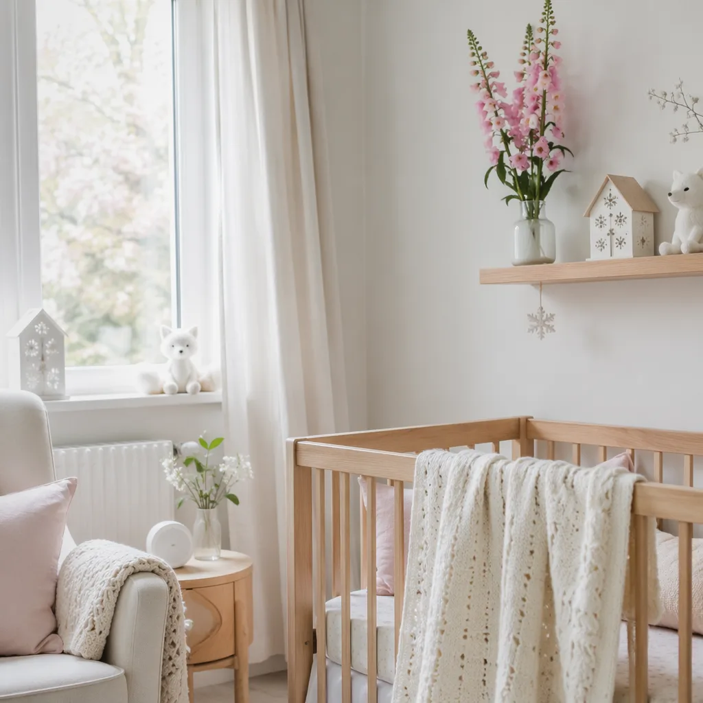 Soft pastel Welsh-inspired nursery with foxglove flowers and snowy white accents.