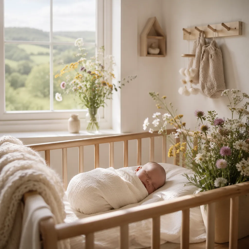 A softly lit nursery with a swaddled baby and delicate Welsh wildflowers.