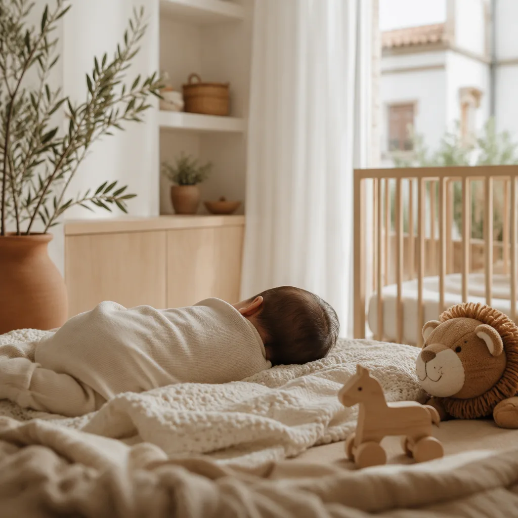 Soft Italian nursery scene with a sleeping baby, wooden horse toy, and plush lion.