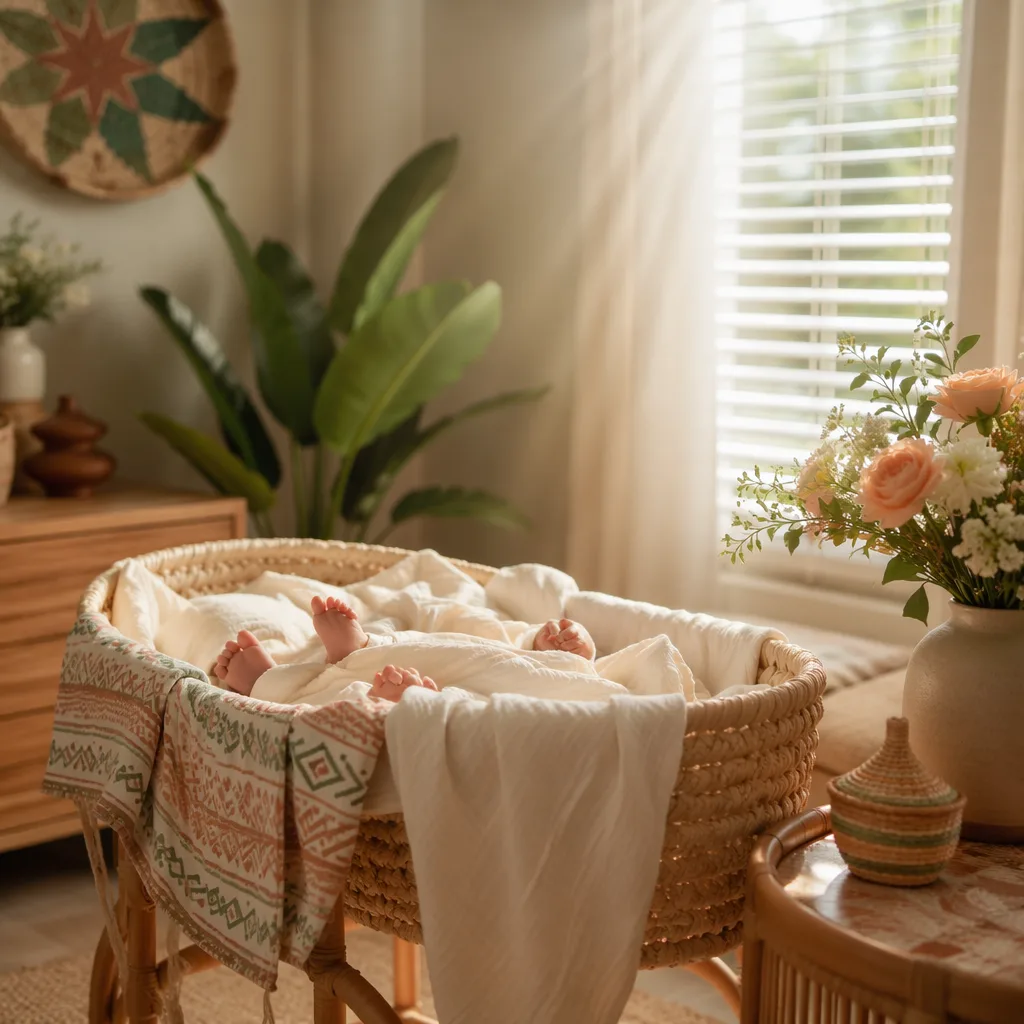 A peaceful Yoruba-inspired nursery with a swaddled newborn in a woven bassinet.