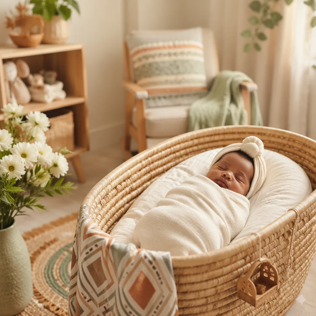 A peaceful Yoruba-inspired nursery with a swaddled sleeping baby in soft natural light.