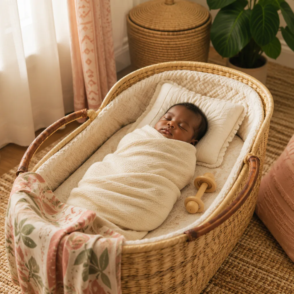 Sleeping baby in a soft Yoruba-inspired nursery with warm natural light.
