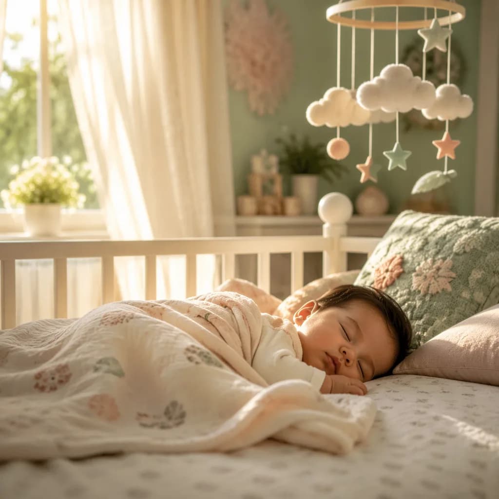 A softly lit pastel nursery with a sleeping baby, sheer curtains, and gentle cloud-and-star decor.