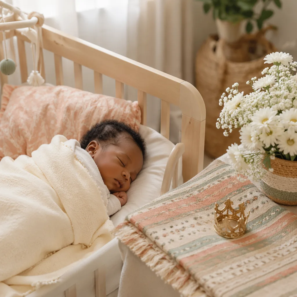 Sleeping baby in a soft Yoruba-inspired nursery with crown and flower details.